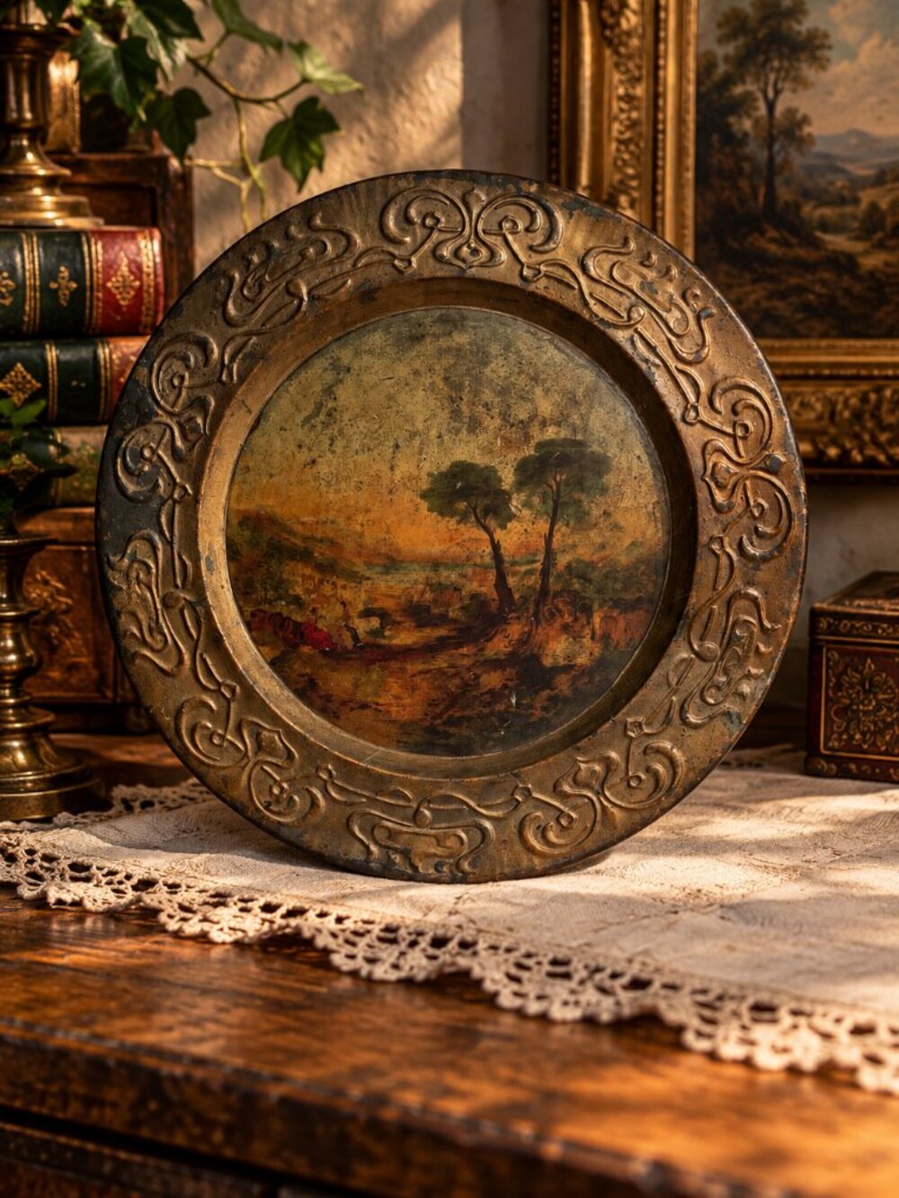 Vintage Ornate Brass Tone Decorative Wall Plate – Pastoral Landscape Art